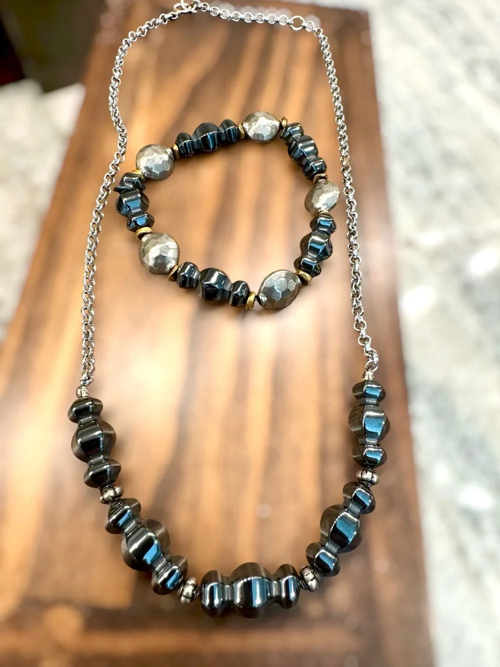 Handcrafted Hematite Bead Necklace and Bracelet Set